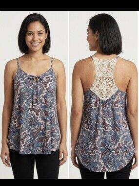 Boho Paisley Cami Tank Top with Crochet Lace Racerback, Size M